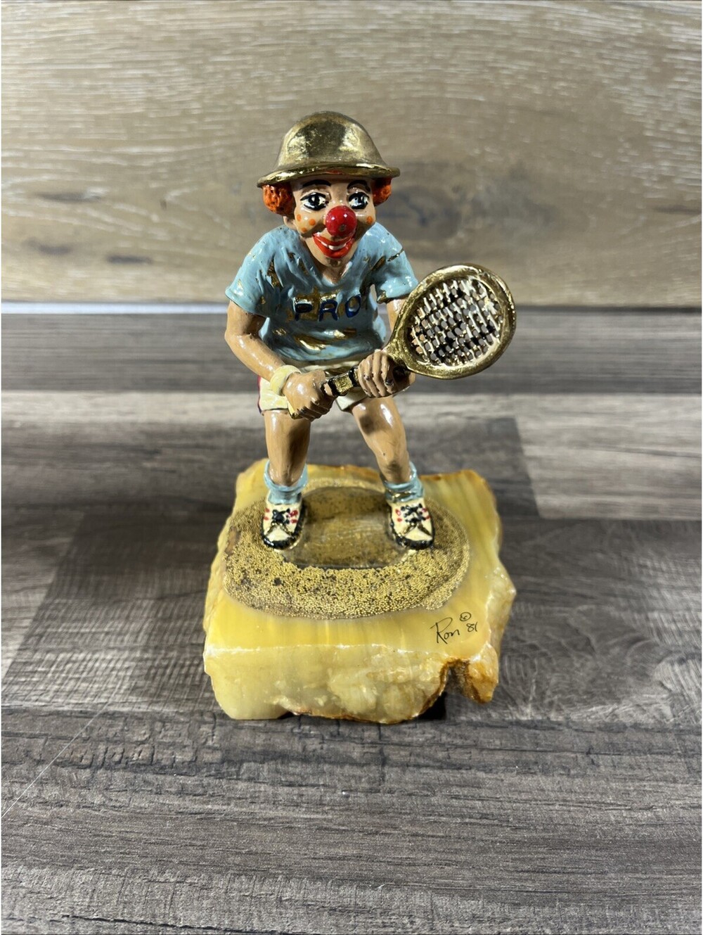 Ron Lee Signed VTG 1980 Circus Clown Tennis Pro Racket 6" Figurine 24K Onyx Base
